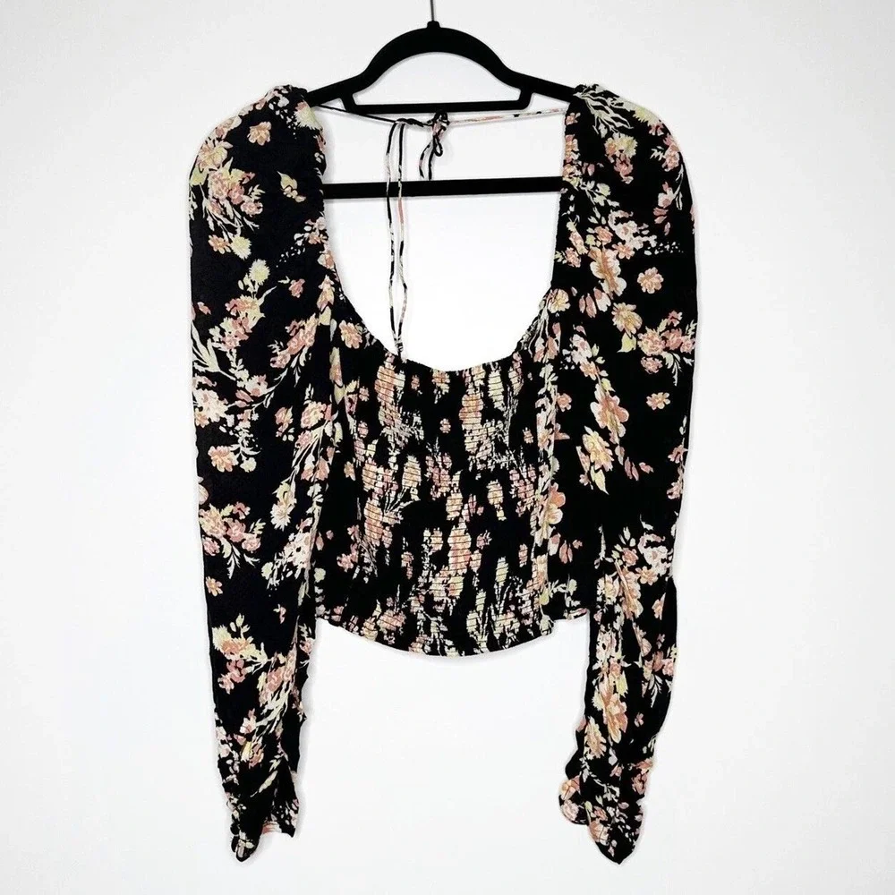 NWT Free People Hilary Printed Top Long Sleeve Black Combo Women's Size Medium